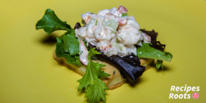 Shrimp salad on chive biscuits